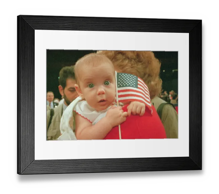 Framed Print : Baby Megan Holding American Flag Framed Print : Baby Megan Holding American Flag