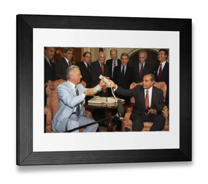 Framed Print : Robert Dole and Robert Byrd Using Telephone