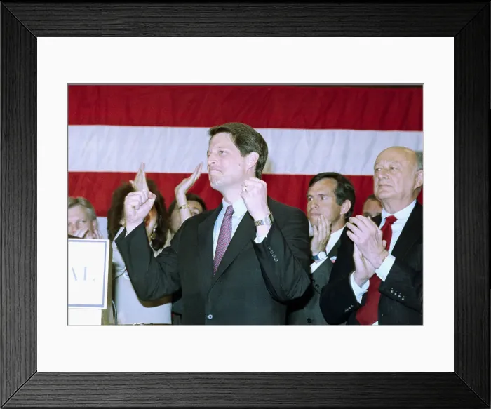 Framed Print : Al Gore Raising Arms in Confidence Framed Print : Al Gore Raising Arms in Confidence