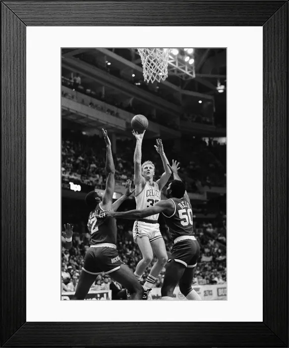 Framed Print : Larry Bird Shooting Over Houston Rockets Blocking Him