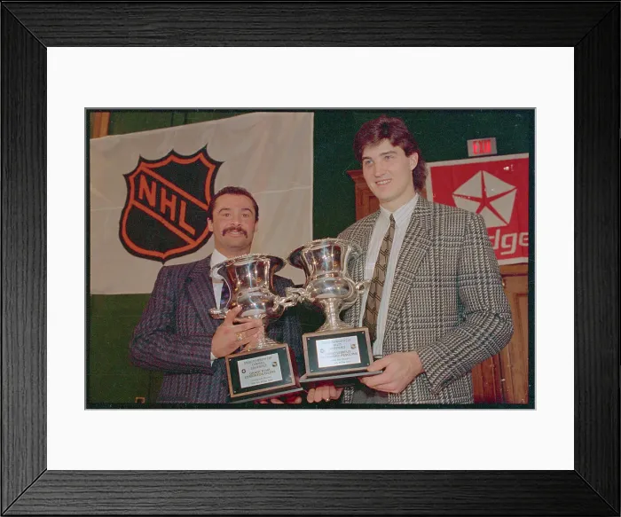 Framed Print : Grant Fuhr and Mario Lemieux Receiving Trophies Framed Print : Grant Fuhr and Mario Lemieux Receiving Trophies