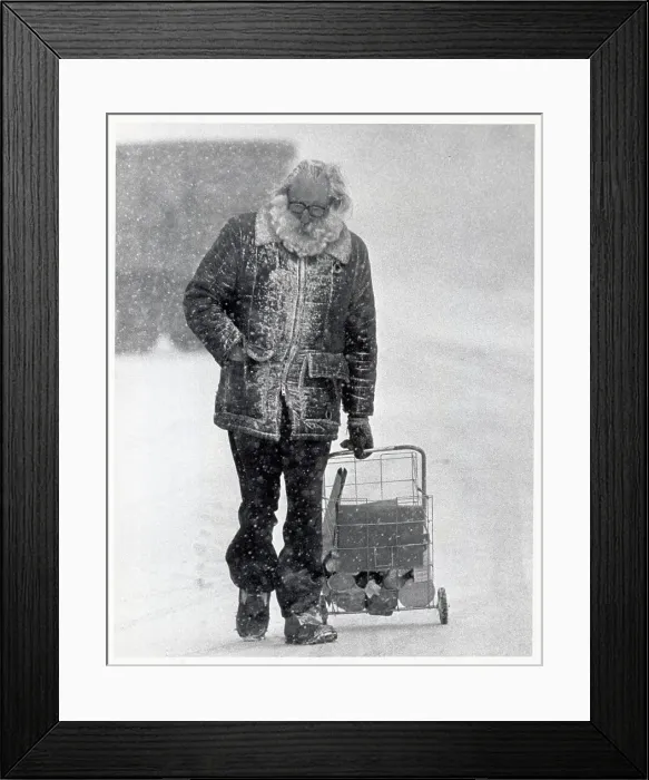 Framed Print : Man with Shopping Cart Walking in Snowstorm Framed Print : Man with Shopping Cart Walking in Snowstorm