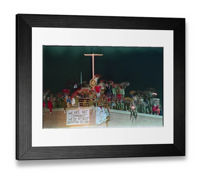 Framed Print : Prisoners with Signs Waving from Rooftop at End of Takeover Framed Print : Prisoners with Signs Waving from Rooftop at End of Takeover