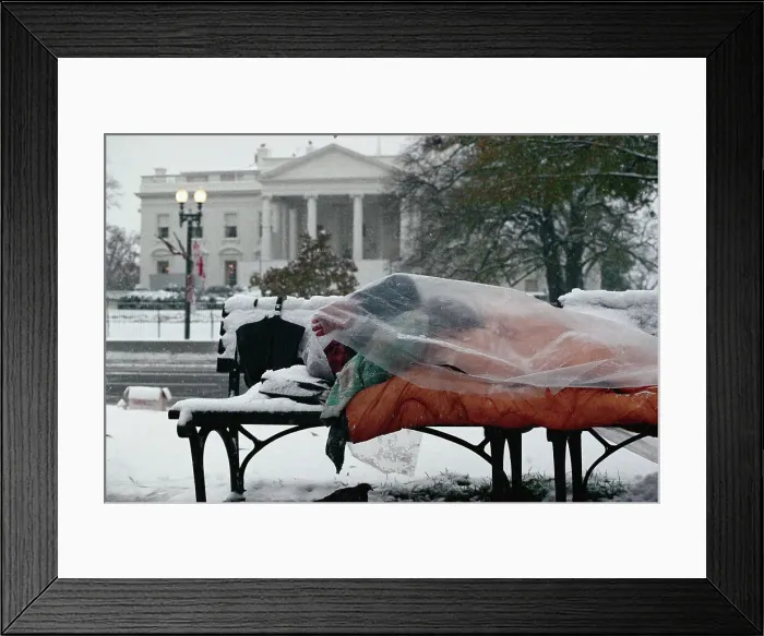 Framed Print : Homeless Man by White House in Winter