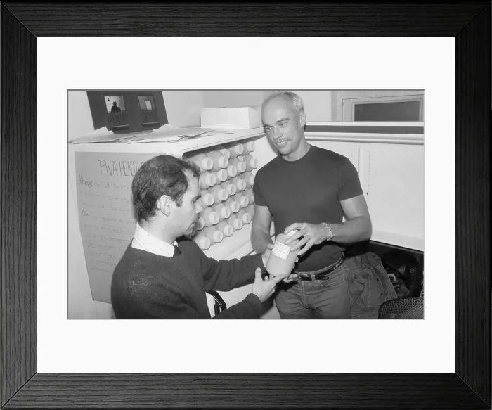 Framed Print : Men Holding Unapproved Bottle of Egg Lechtin Framed Print : Men Holding Unapproved Bottle of Egg Lechtin