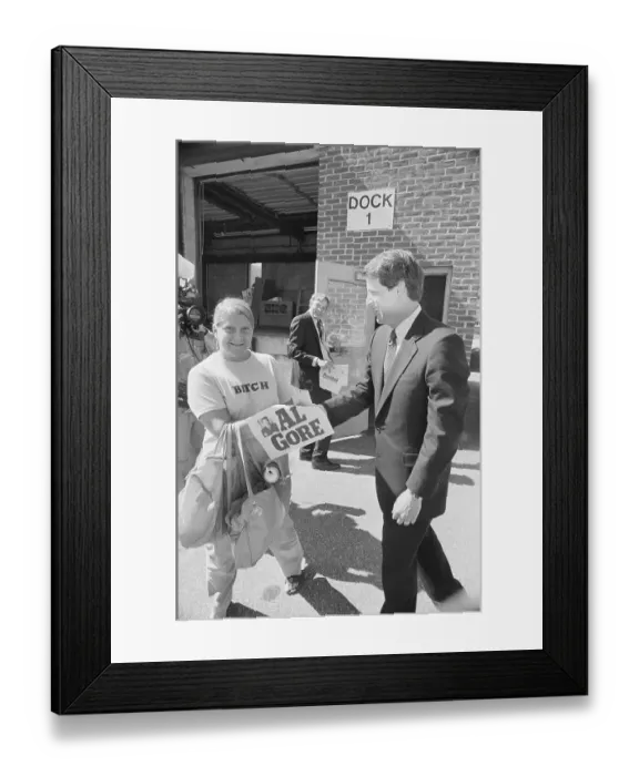 Framed Print : Al Gore Shaking Hands with Factory Worker Framed Print : Al Gore Shaking Hands with Factory Worker
