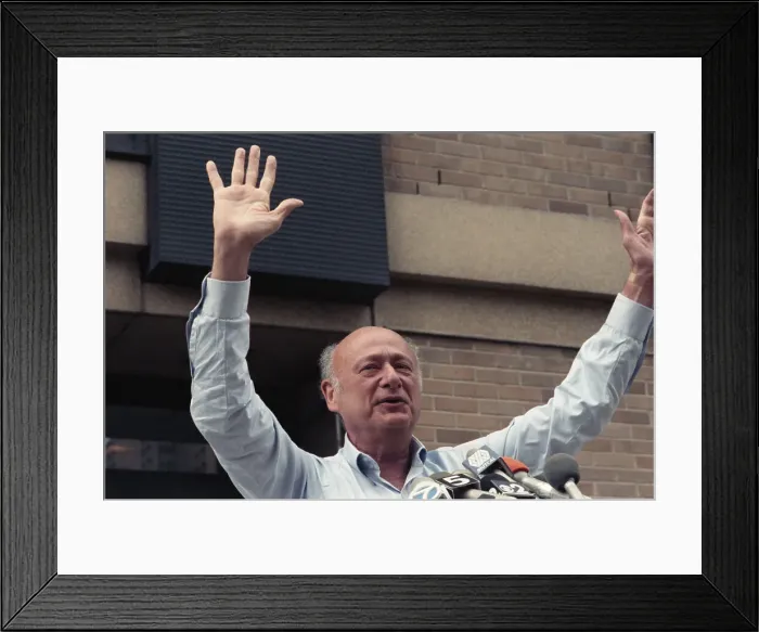 Framed Print : Ed Koch. How am I doing? asks Mayor Ed Koch as he raises his arms above