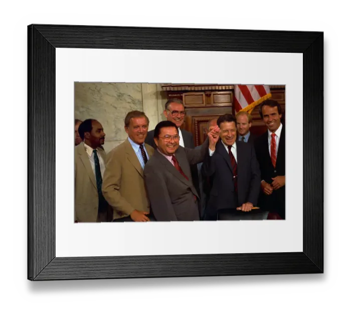 Framed Print : Defense Secretary Caspar Weinberger and House Officials After Contra Hearings Framed Print : Defense Secretary Caspar Weinberger and House Officials After Contra Hearings