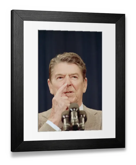 Framed Print : Ronald Reagan Pointing to His Nose Framed Print : Ronald Reagan Pointing to His Nose