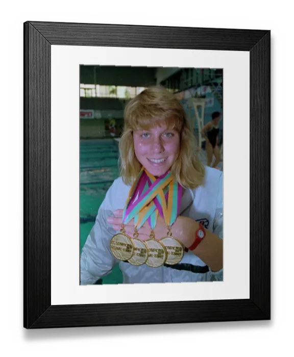 Framed Print : United States Olympian Sarah Anderson Posing with Her Gold Medals Framed Print : United States Olympian Sarah Anderson Posing with Her Gold Medals