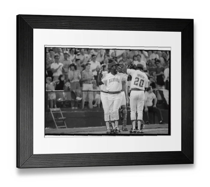 Framed Print : Hank Aaron Being Congratulated on Run at Oldtimers Game Framed Print : Hank Aaron Being Congratulated on Run at Oldtimers Game
