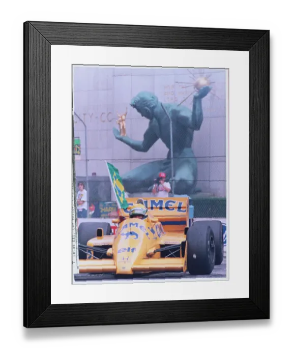Framed Print : Ayrton Senna Driving with Brazilian Flag in Hand Framed Print : Ayrton Senna Driving with Brazilian Flag in Hand