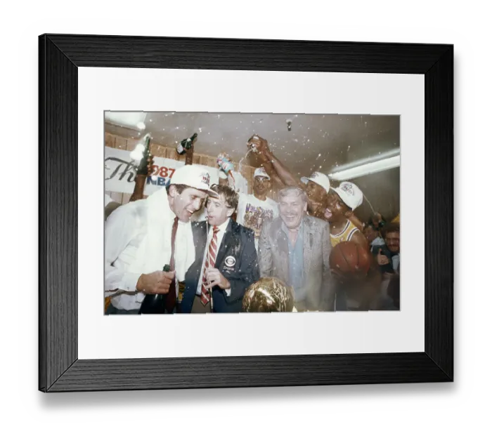 Framed Print : Lakers Kareem Abdul-Jabbar, Billy Thompson and Wes Matthews Shown Pouring Champagne on Laker Owner Jerry Buss and Coach Pat Riley as CBS Commentator Brent Musburger Tries to Interview Them Framed Print : Lakers Kareem Abdul-Jabbar, Billy Thompson and Wes Matthews Shown Pouring Champagne on Laker Owner Jerry Buss and Coach Pat Riley as CBS Commentator Brent Musburger Tries to Interview Them