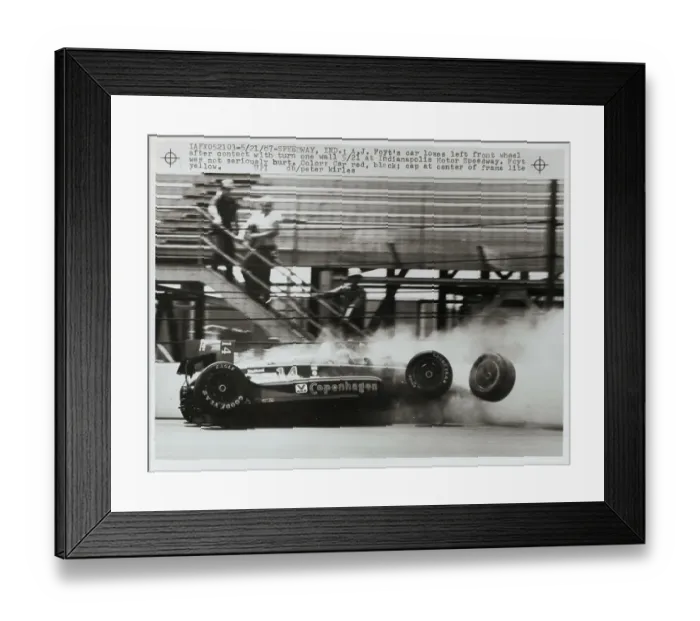 Framed Print : A.J. Foyt's Car Losing Left Front Wheel Framed Print : A.J. Foyt's Car Losing Left Front Wheel
