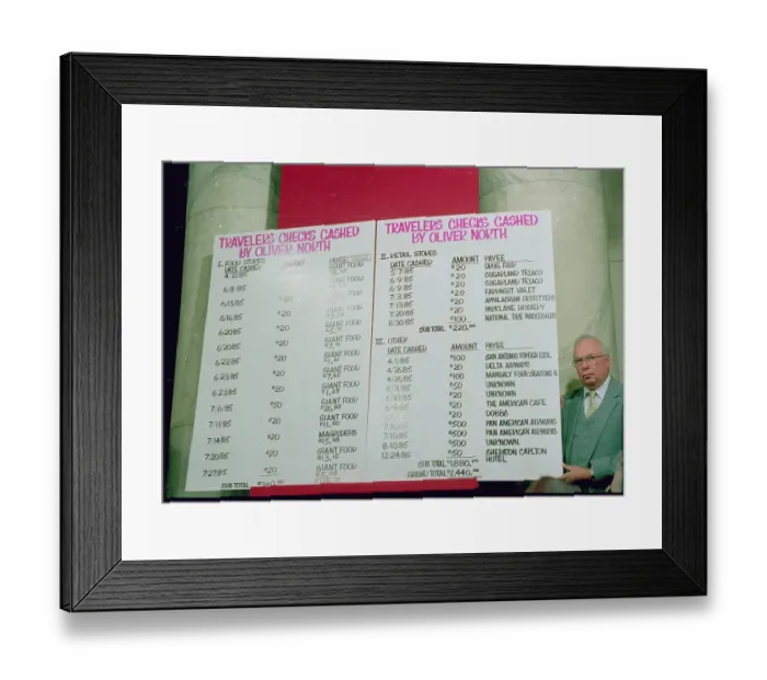 Framed Print : Man Displaying Large Board Used at Oliver North Trial Framed Print : Man Displaying Large Board Used at Oliver North Trial