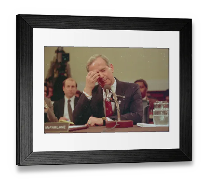 Framed Print : Robert McFarlane Testifying at Microphones