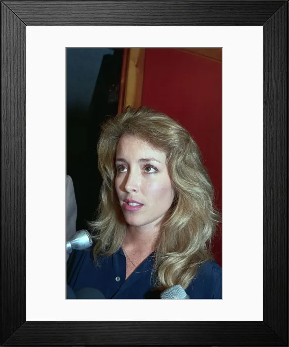 Framed Print : Portrait of Hart Scandal Subject Donna Rice at Microphones Framed Print : Portrait of Hart Scandal Subject Donna Rice at Microphones