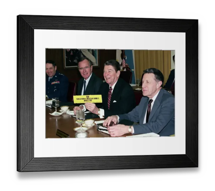 Framed Print : President Reagan Holding Up Bumper Sticker During Meeting Framed Print : President Reagan Holding Up Bumper Sticker During Meeting