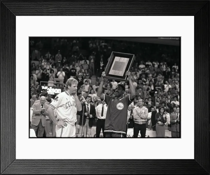 Framed Print : Larry Bird Watching Dr. J Receiving Retirement Honors Framed Print : Larry Bird Watching Dr. J Receiving Retirement Honors