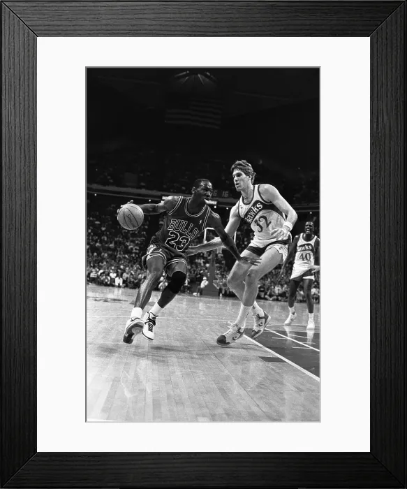 Framed Print : Michael Jordan Pushing Jon Koneck in Basketball Action