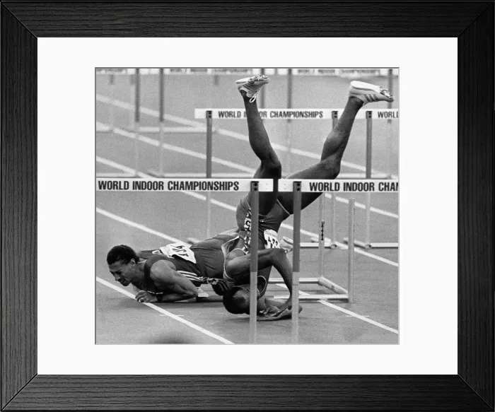 Framed Print : Runner Tumbles Headfirst Over Hurdles Framed Print : Runner Tumbles Headfirst Over Hurdles