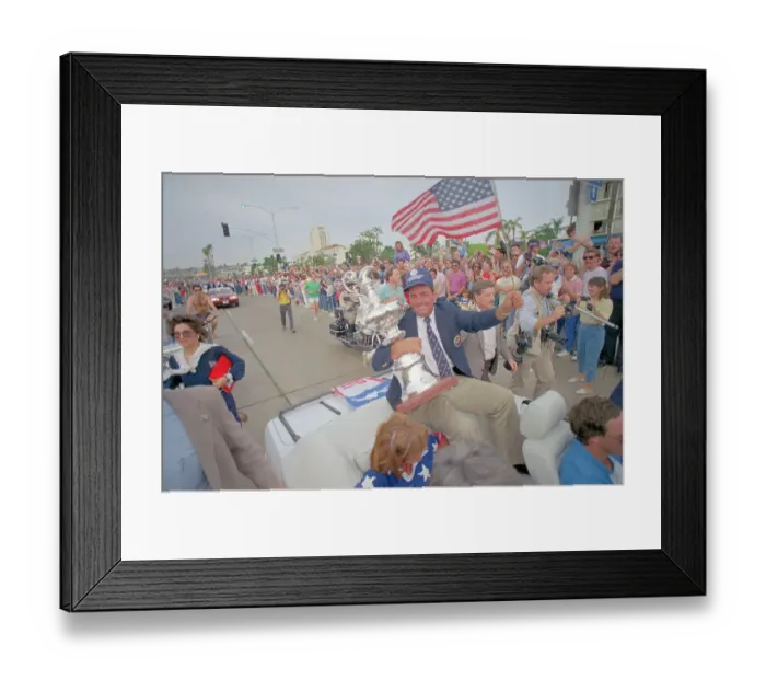 Framed Print : Dennis Conner Holding Trophy and Waving Flag Framed Print : Dennis Conner Holding Trophy and Waving Flag