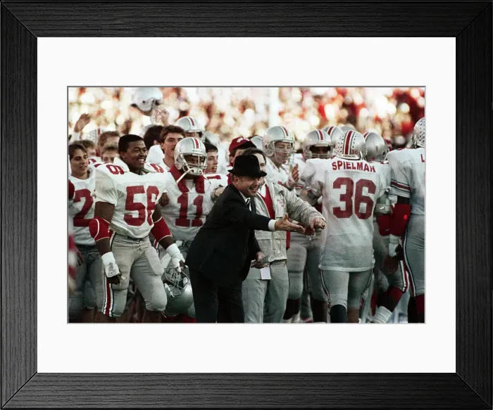 Framed Print : Coach Earle Bruce Congratulating His Football Team Players Framed Print : Coach Earle Bruce Congratulating His Football Team Players