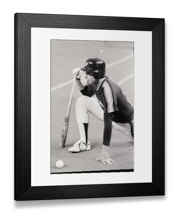 Framed Print : Nolan Ryan Kneeling, Blowing Bubble