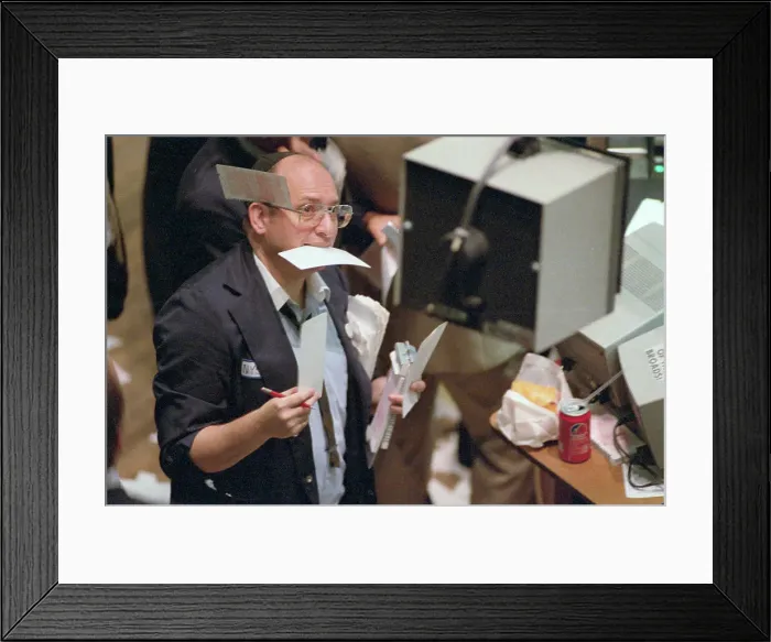 Framed Print : Stock Exchange Worker Draped in Orders