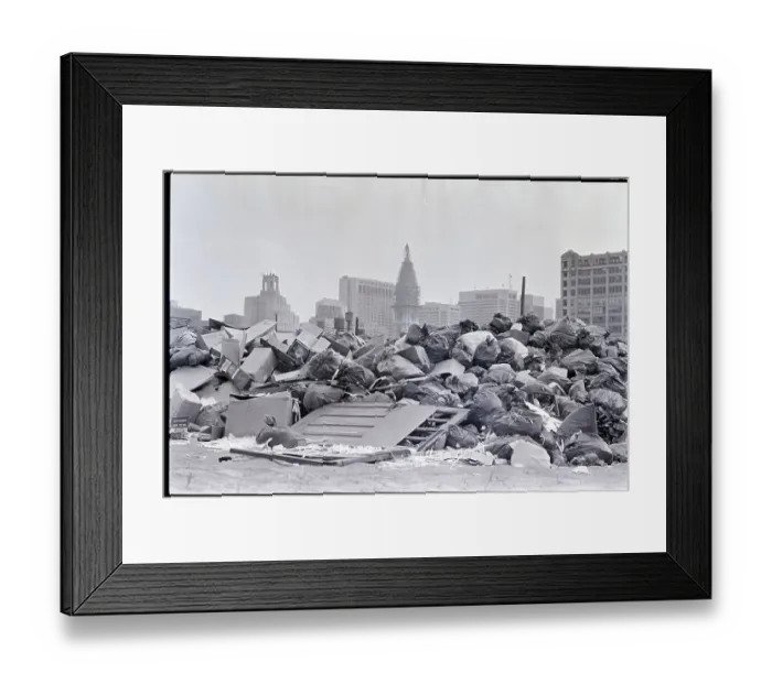Framed Print : Pile Of Garbage W / City Buildings In Back Framed Print : Pile Of Garbage W / City Buildings In Back