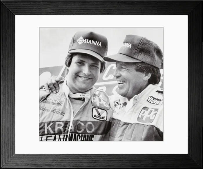 Framed Print : Race Car Driver Mario Andretti and Son in Victory Pose Framed Print : Race Car Driver Mario Andretti and Son in Victory Pose