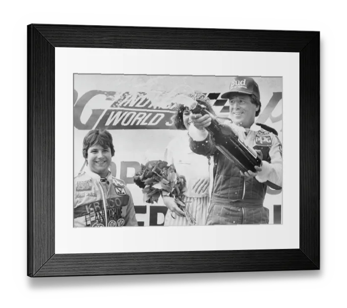 Framed Print : Race Car Driver Mario Andretti and Friends Celebrating with Champagne Framed Print : Race Car Driver Mario Andretti and Friends Celebrating with Champagne