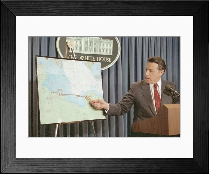 Framed Print : Defence Secretary Caspar Weinberger Explaining Air Strikes on Libya Framed Print : Defence Secretary Caspar Weinberger Explaining Air Strikes on Libya