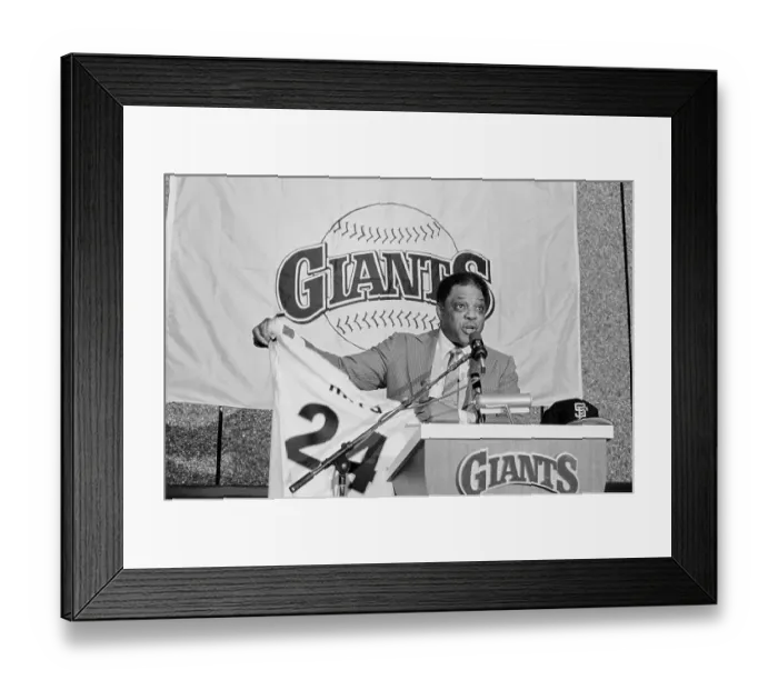 Framed Print : Willie Mays Holding Jersey at Press Conference Framed Print : Willie Mays Holding Jersey at Press Conference