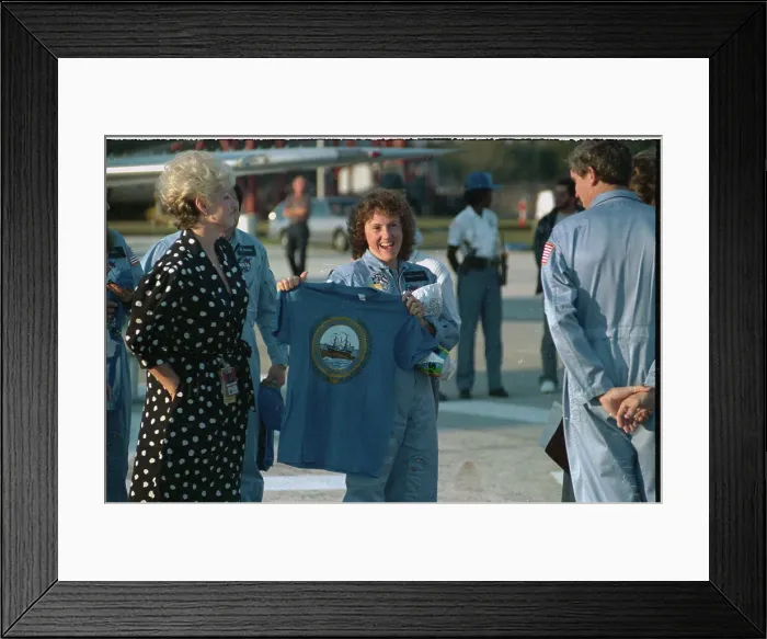 Framed Print : Christa McAuliffe Holding T-shirt Framed Print : Christa McAuliffe Holding T-shirt