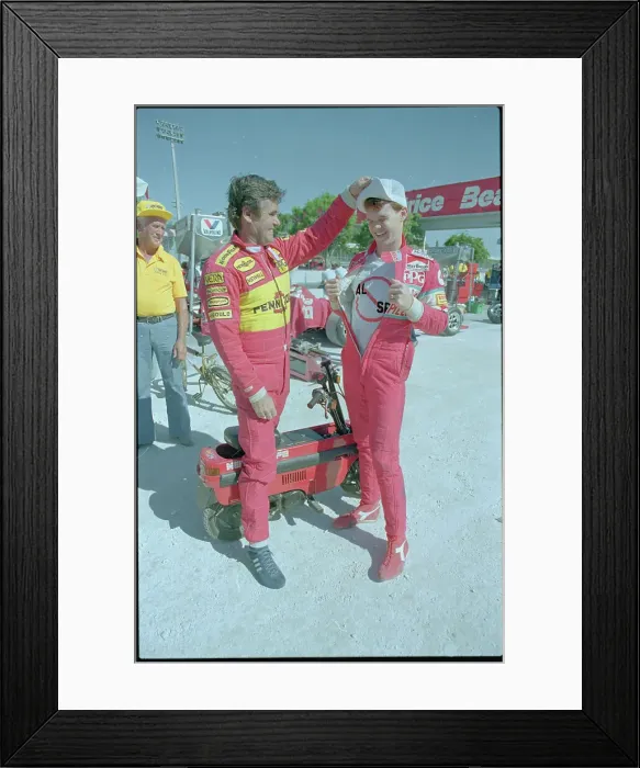 Framed Print : Al Unser Jr. Showing T-shirt to Father Framed Print : Al Unser Jr. Showing T-shirt to Father