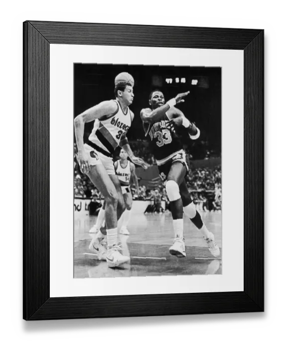 Framed Print : Sam Bowie Blocking Patrick Ewing During a Basketball Game Framed Print : Sam Bowie Blocking Patrick Ewing During a Basketball Game