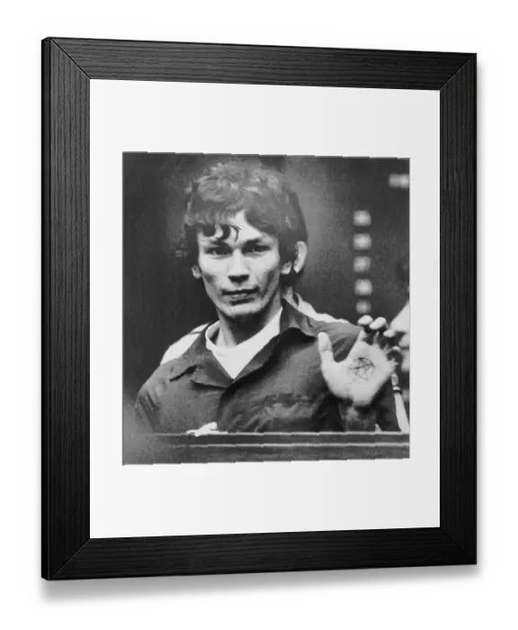 Framed Print : Murder Suspect Richard Ramirez Showing Left Palm Framed Print : Murder Suspect Richard Ramirez Showing Left Palm