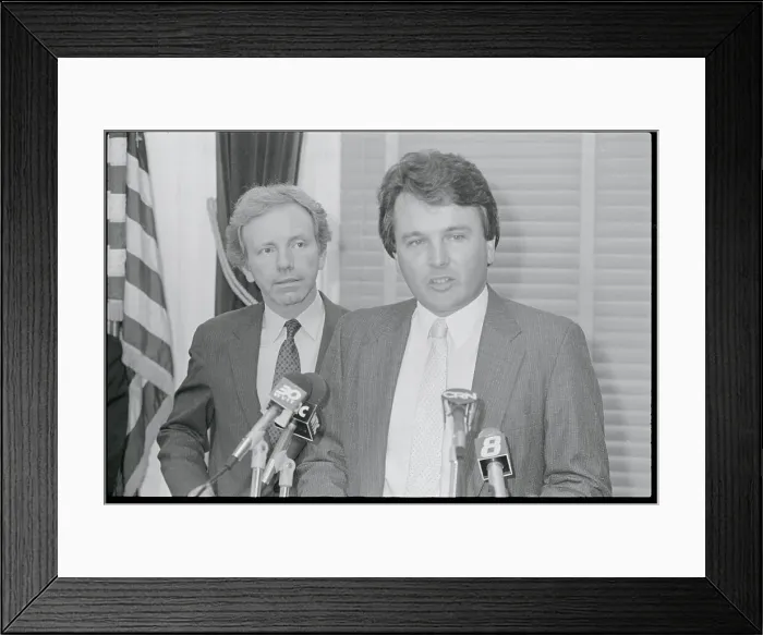 Framed Print : John Woodcock at Microphones with Joseph Lieberman Behind Framed Print : John Woodcock at Microphones with Joseph Lieberman Behind