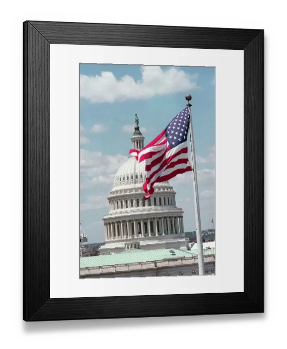 Framed Print : Flag Waving in Front of US Capitol Building Framed Print : Flag Waving in Front of US Capitol Building