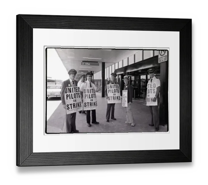 Framed Print : Group of Striking Pilots Outside O'Hare Airport