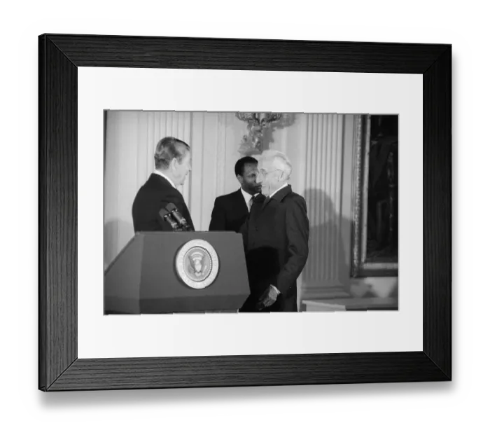 Framed Print : Ronald Reagan and Jacques Cousteau at Podium Framed Print : Ronald Reagan and Jacques Cousteau at Podium