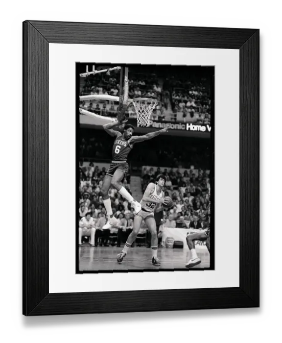 Framed Print : Julius Erving Leaping in Air to Block Opponent's Shot Framed Print : Julius Erving Leaping in Air to Block Opponent's Shot