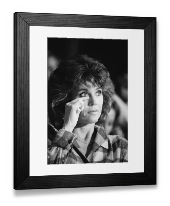 Framed Print : Jane Fonda Wipes Tear from Eye Framed Print : Jane Fonda Wipes Tear from Eye