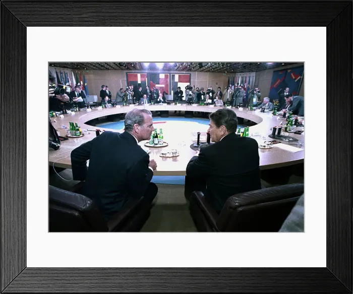 Framed Print : President Ronald Reagan and James Baker Conversing While at Summit Framed Print : President Ronald Reagan and James Baker Conversing While at Summit