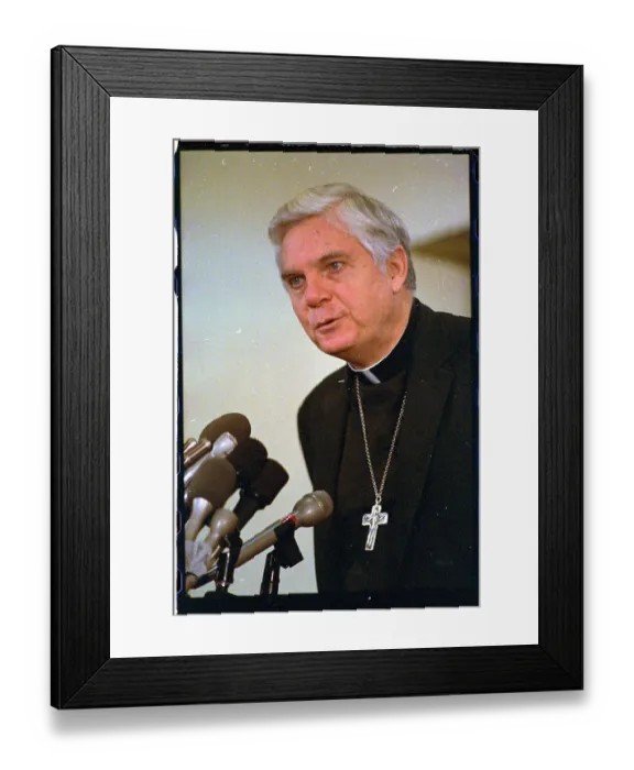 Framed Print : Archbishop Bernard Francis Law Speaking at Microphones