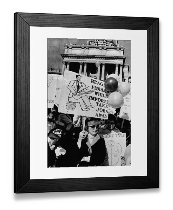 Framed Print : IGLWU Member with Sign Blaming President Reagan Framed Print : IGLWU Member with Sign Blaming President Reagan