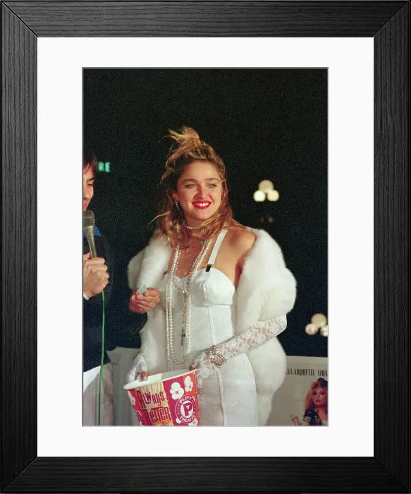 Framed Print : Entertainer Madonna at Movie Premier with Bucket of Popcorn Framed Print : Entertainer Madonna at Movie Premier with Bucket of Popcorn