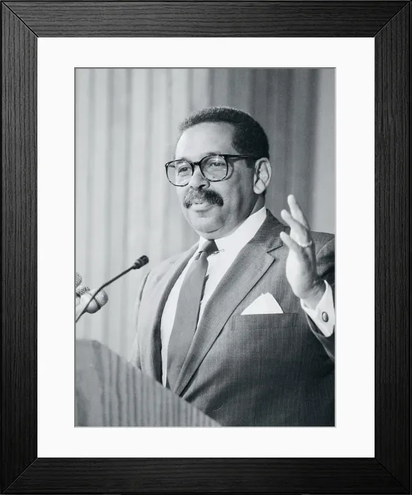 Framed Print : Civil Rights Commission Chairman Clarence Pendleton at Microphones Framed Print : Civil Rights Commission Chairman Clarence Pendleton at Microphones