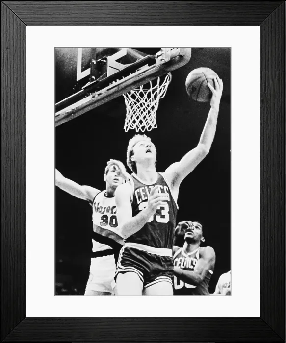 Framed Print : Larry Bird Scores Over Sam Bowie During Basketball Game Framed Print : Larry Bird Scores Over Sam Bowie During Basketball Game